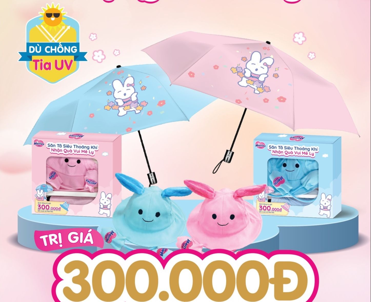1 bộ mũ tai thỏ và dù gấp gọn merries dễ thương
