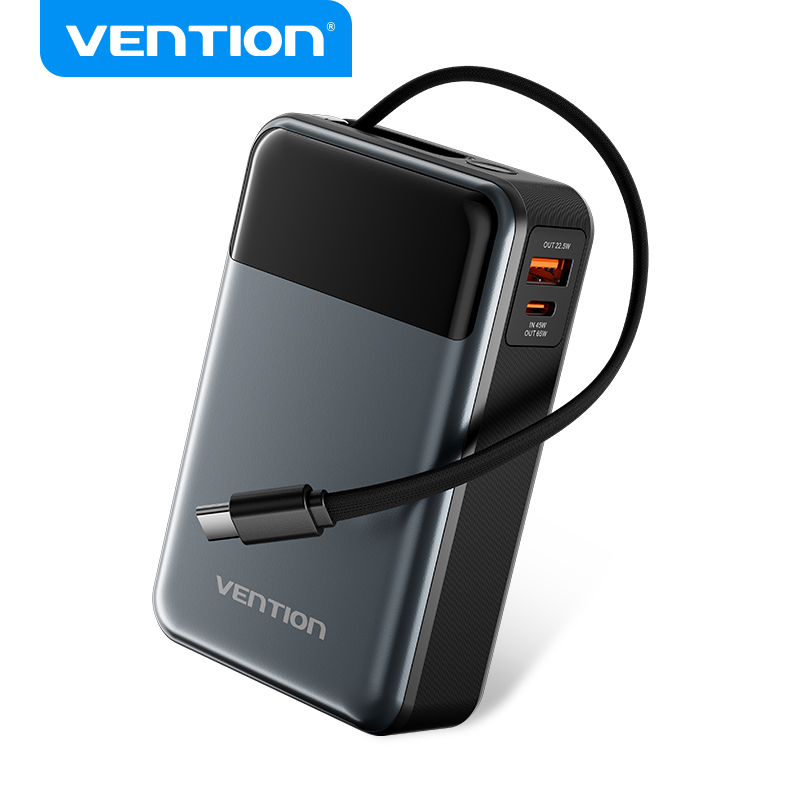 Vention Sạc Dự Phòng 20000mAh 65W PD QC4.0 - Dây Cáp Tích Hợp, Sạc Nhanh Type-C, 3 Cổng, Màn Hình LED, Đầy Đủ Laptop/Điện Thoại