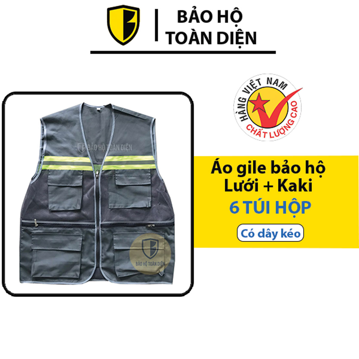 Áo ghi lê 3 dây kéo _ Phản quang phối lưới có 6 túi hộp, bền bỉ, thoáng mát | Áo ghi lê bảo hộ lao động | Áo ghile kaki loại tốt nhiều túi