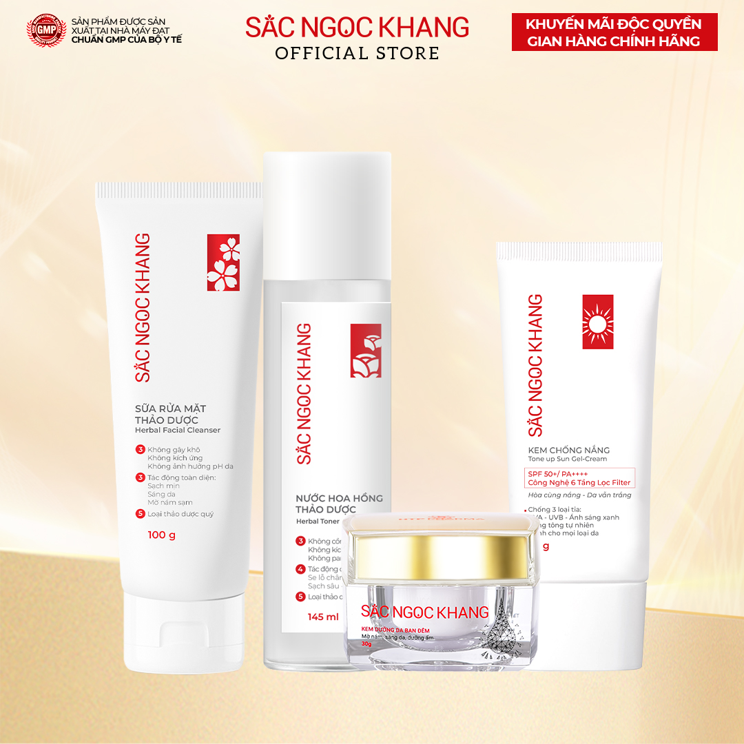 COMBO 4 món [Kem 30g,sữa rửa mặt 100g,nước hoa hồng 145ml,kem chống nắng50g]  giúp dưỡng ẩm và bảo vệ da Sắc Ngọc Khang
