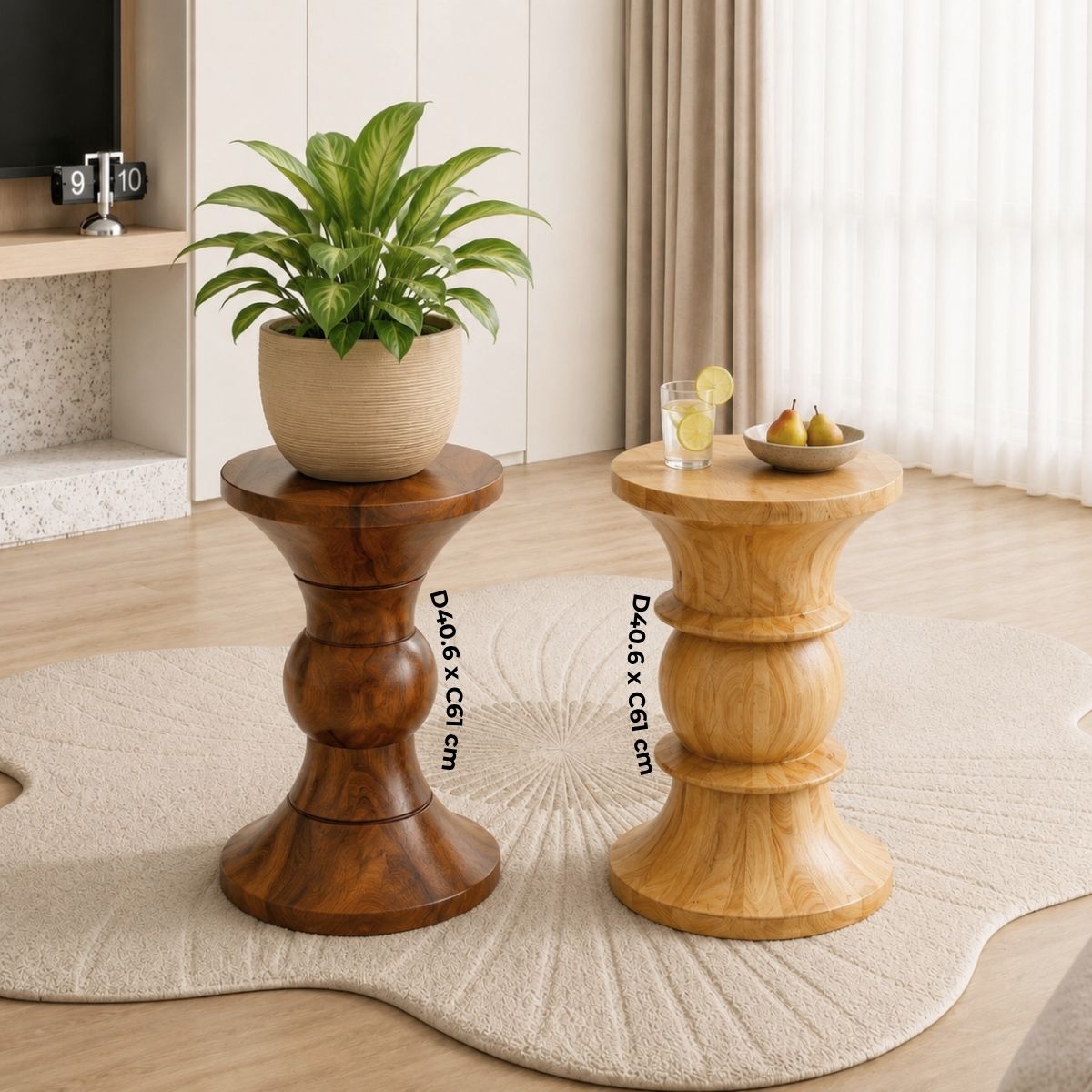 Bàn tròn decor gỗ tự nhiên dáng đồng hồ cát cách điệu - Decor phòng khách, làm bàn đầu giường, bàn trà - D40.6 H61 cm
