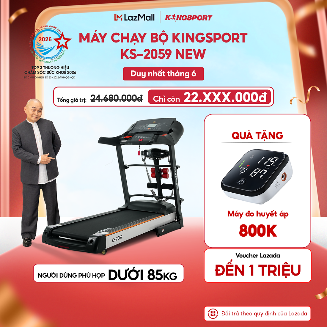 Miễn phí lắp đặt | máy chạy bộ kingsport ks-2059 new nâng dốc tự động 18%, tốc độ tối đa 18km/h, kèm đai massage và thanh gập bụng