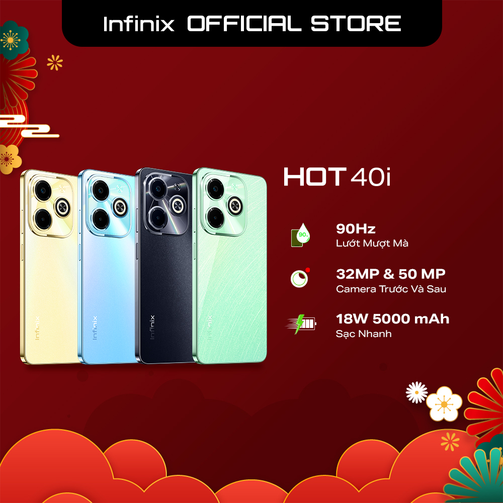 Infinix HOT 40i 128+4GB (Mở rộng 8GB) |  Màn hình 90Hz, thiết kế đục lỗ kích thước 6.56" | Camera kép AI 50MP | Bảo Hành 1 Năm