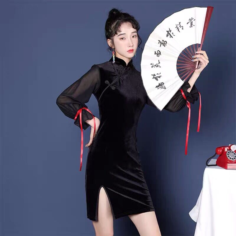 Sườn Xám Vải Nhung Tay Lửng Cột Nơ Sang Chảnh 45-70Kg