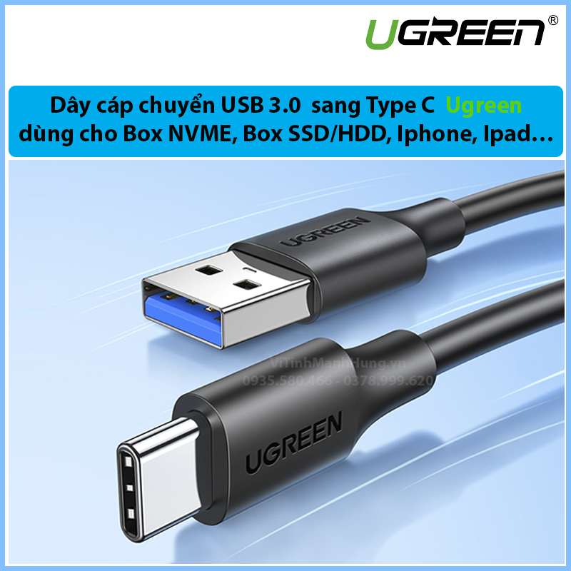 Dây cáp chuyển usb 3.0 sang type c ugreen, usb 3.0 to type c, dùng cho box nvme, box ssd/hdd, iphone, ipad…