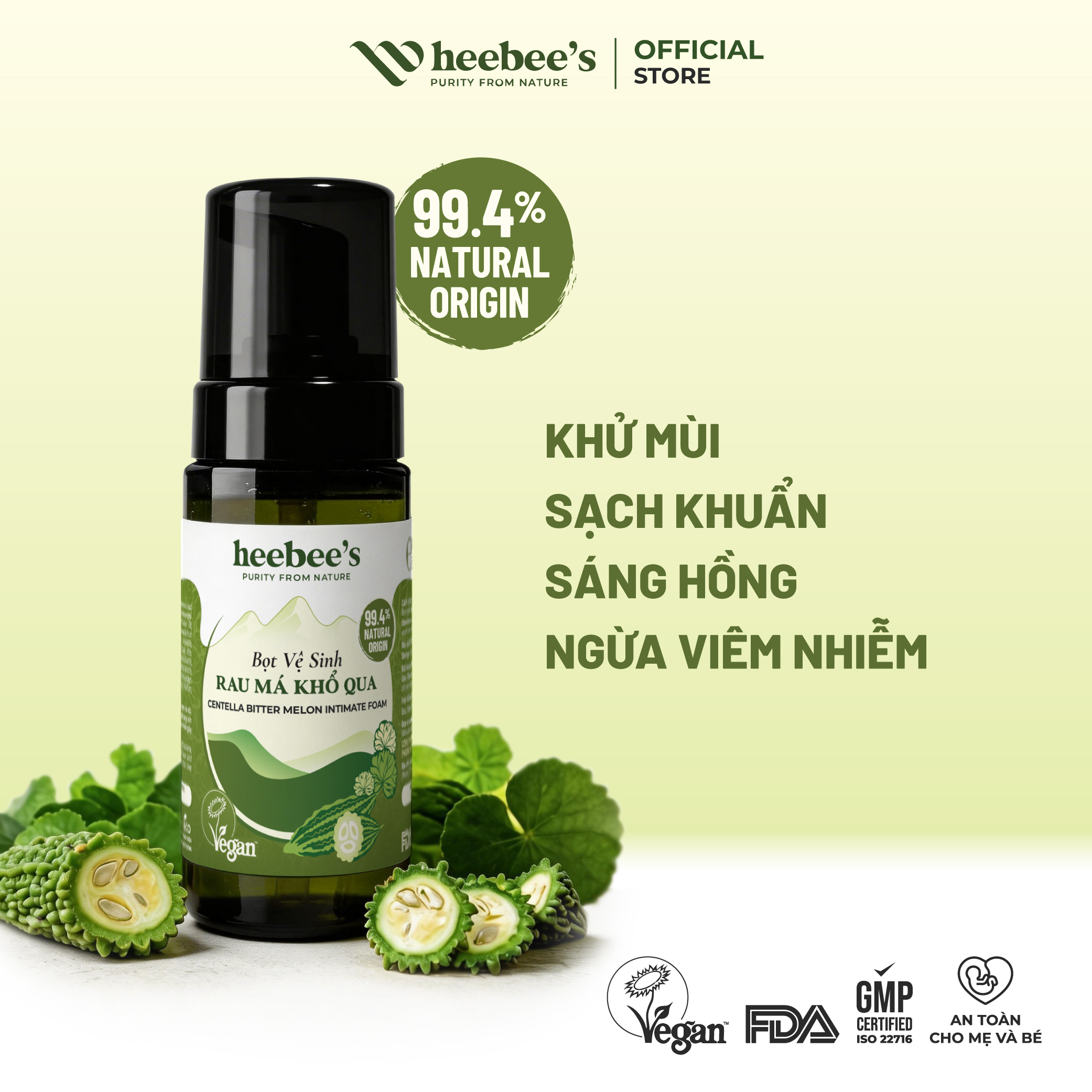 Bọt Vệ Sinh Thảo Dược Thiên Nhiên Rau Má Khổ Qua Heebee's Sạch Khuẩn, Kháng Viêm, Sáng Hồng, Khử Mùi, Thơm Mịn 100ml