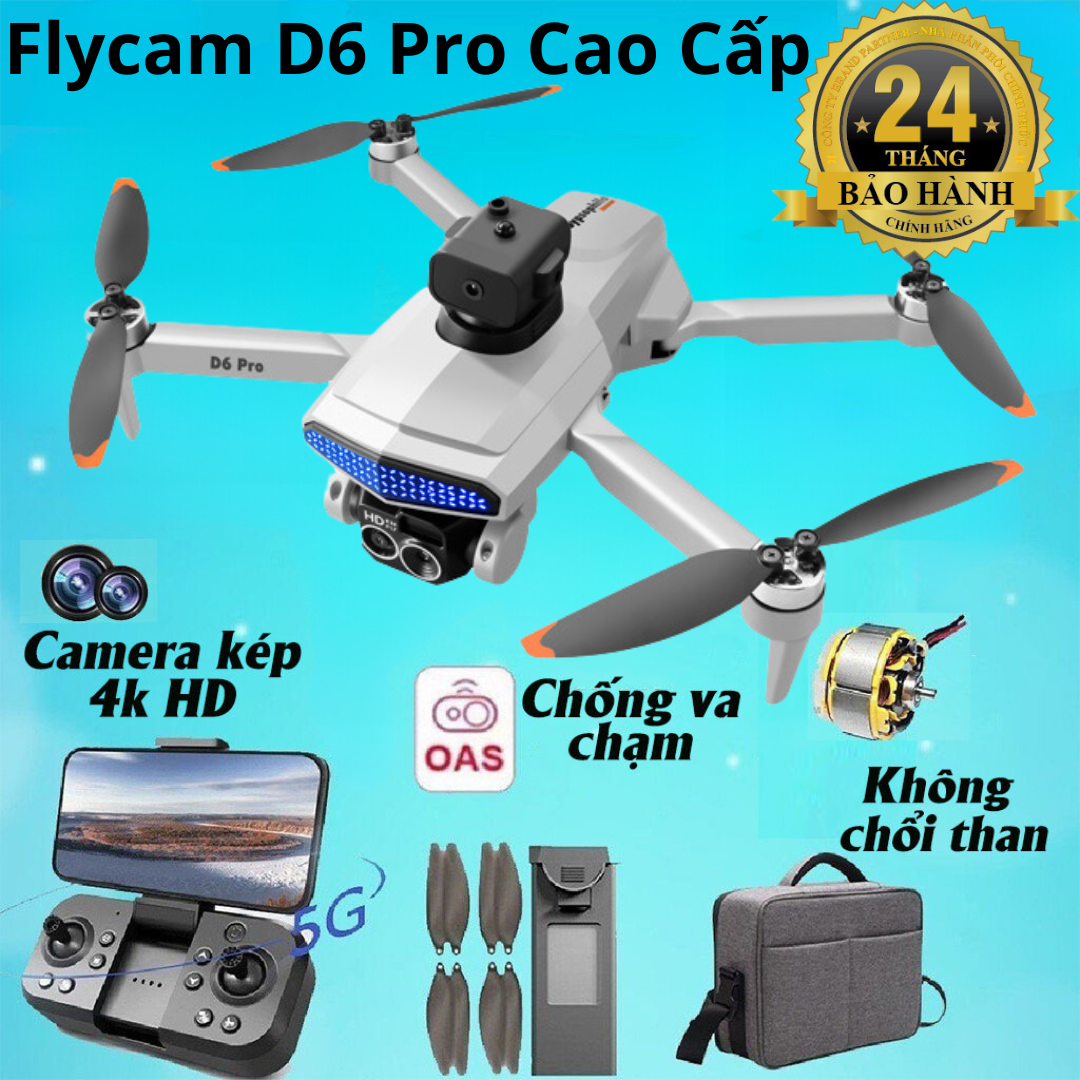Máy bay camera Flycam D6 Pro điều khiển từ xa có camera tích hợp cảm biến chống va chạm, flycam mini, drone camera 4k, 2 camera cao cấp, Pin siêu trâu