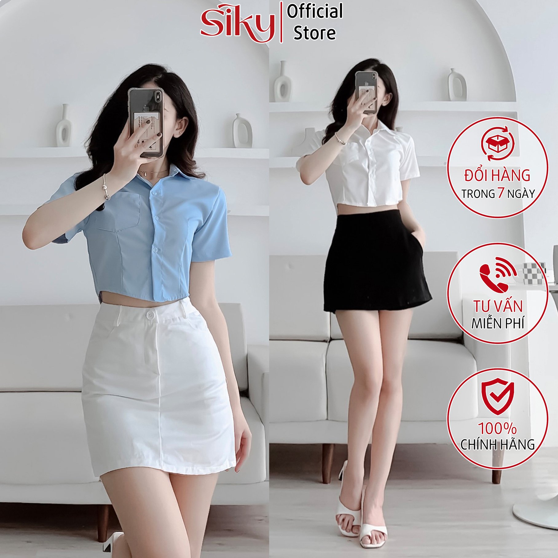 Áo sơ mi croptop nữ siky ngắn tay phối túi ngực phong cách hàn quốc - sm16