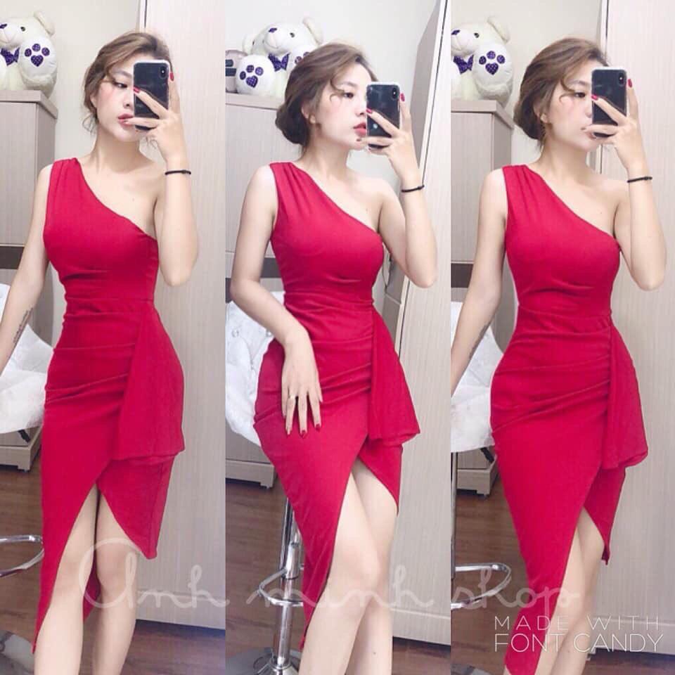 Đầm body cộc tay lệch vai có mút ngực chất umi freesize