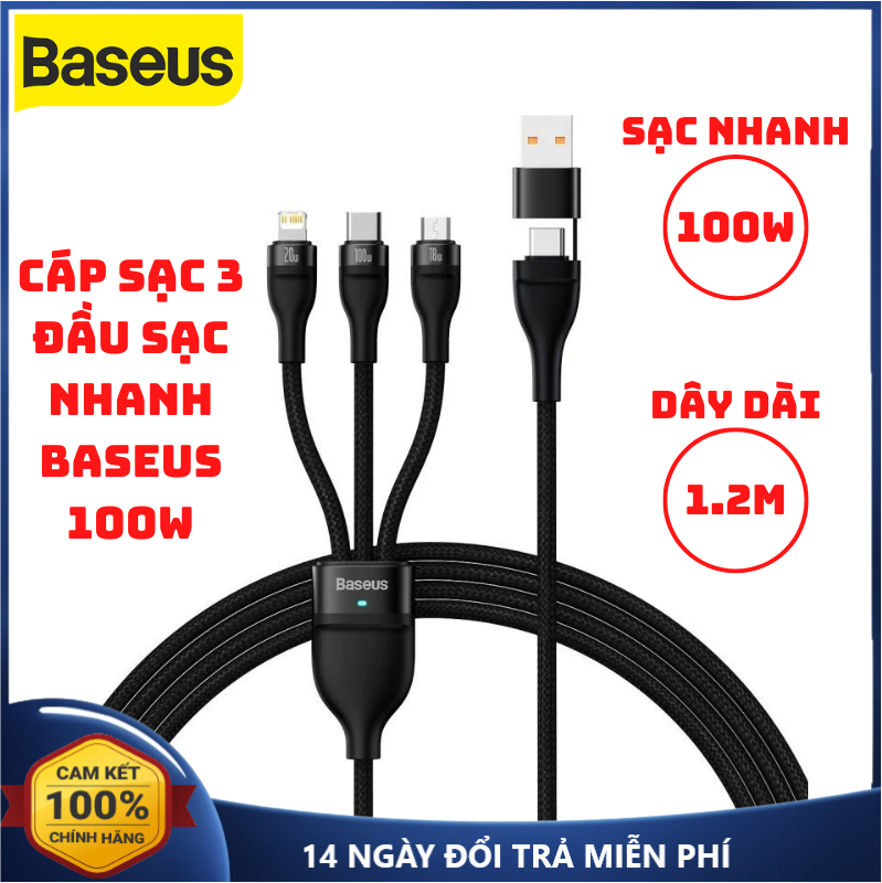 Cáp sạc nhanh 3 trong 1 iphone type c micro usb baseus 100w dây sạc nhanh 3 trong 1 cáp sạc 3 đầu sạc nhanh dài 1.2m