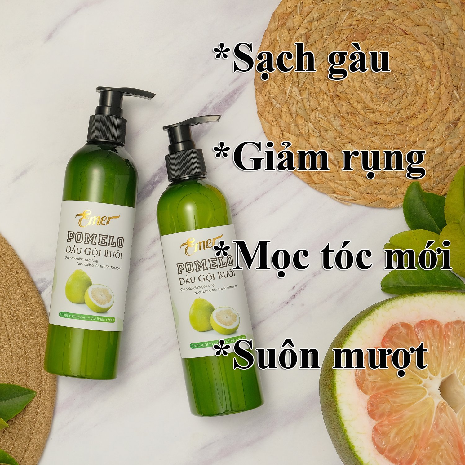 Bộ 2 chai Dầu gội bưởi kích mọc tóc Pomelo Emer (300ml x 2) làm sạch tóc và da đầu giảm rụng tóc hiệu quả cho mái tóc luôn chắc khỏe và suôn mượt tự nhiên Mỹ Phẩm Sỉ Emer
