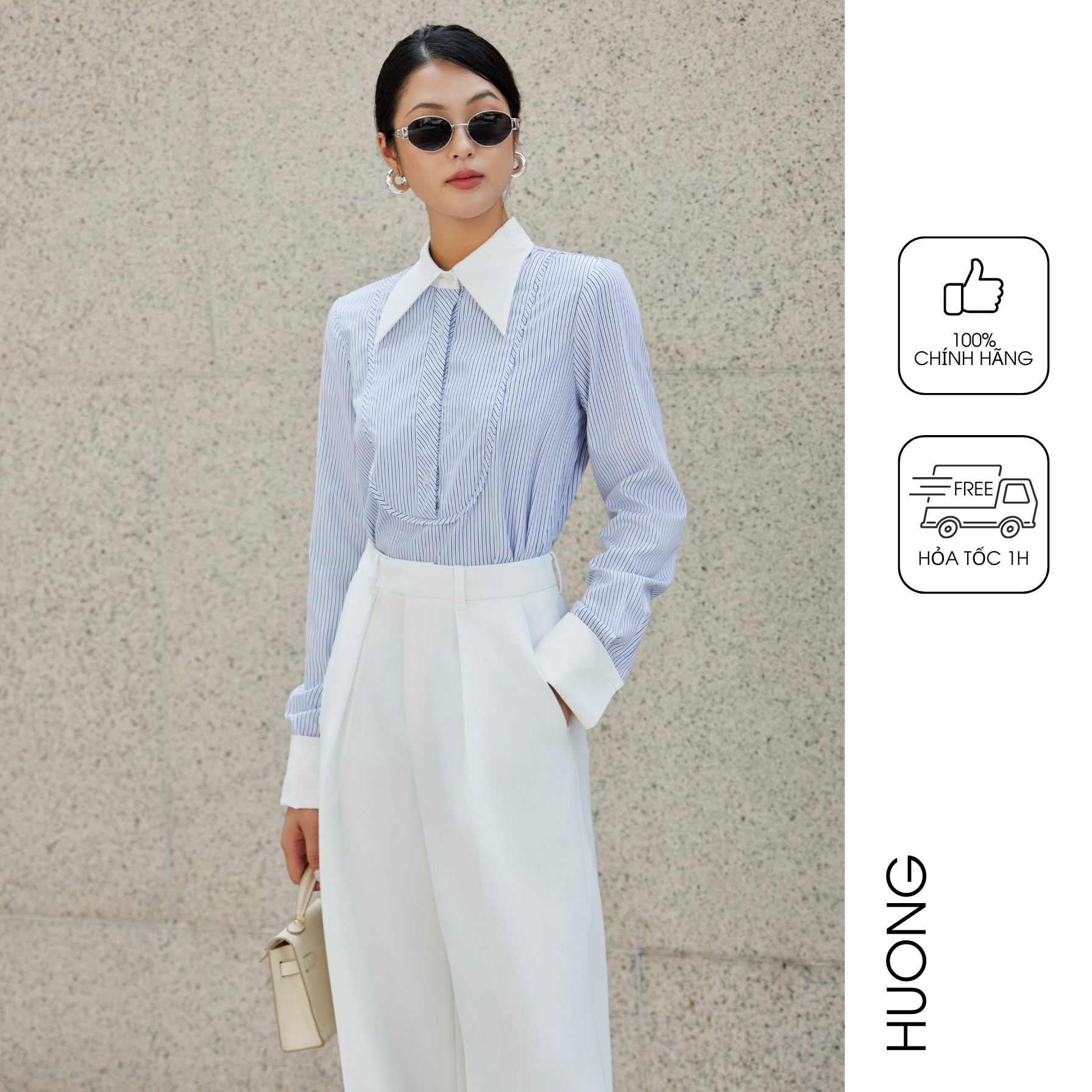  Áo sơ mi kẻ xanh phối cổ cầu ngực HUONG BOUTIQUE BSSM41 