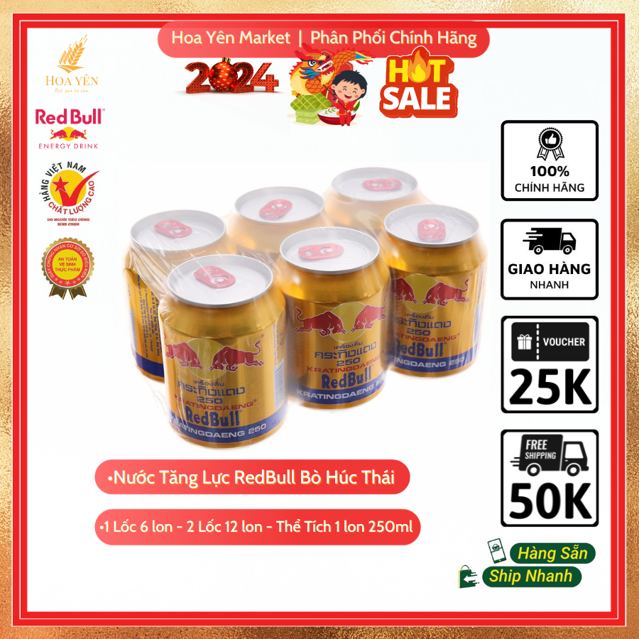 Nước Tăng Lực Redbull Bò Húc Thái 1 lốc, 2 lốc Hoa Yên Market - Bò húc thái, nước chính hãng nắp đỏ,