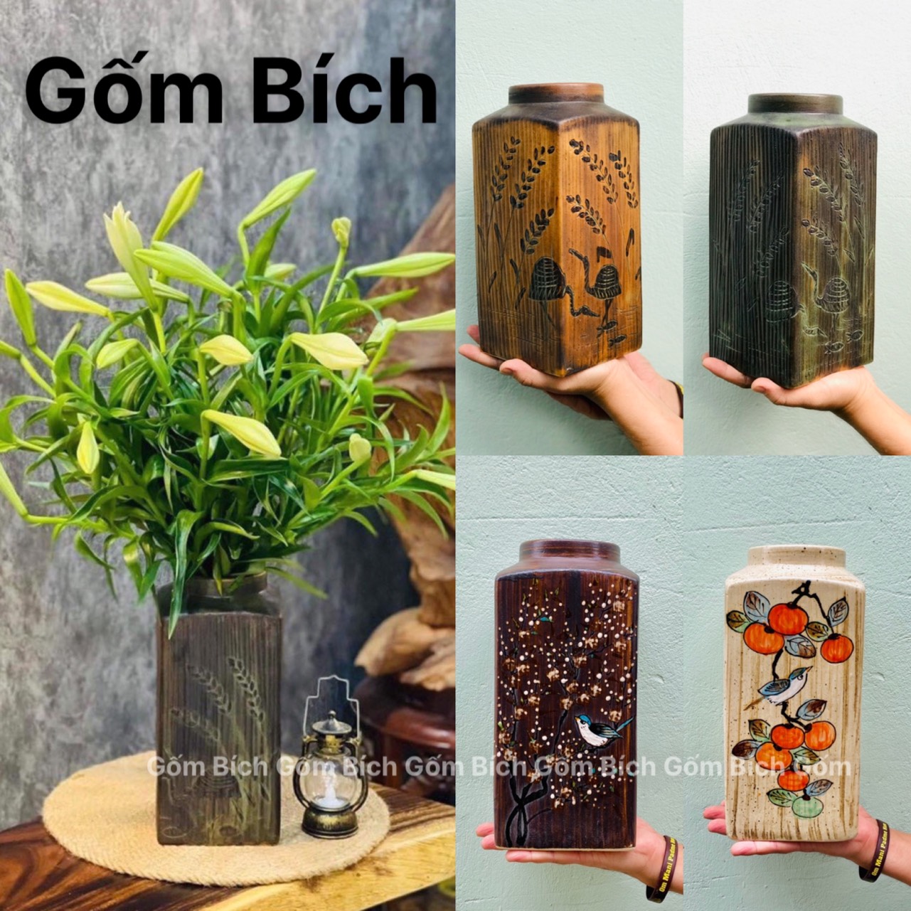Bình hoa lọ hoa dáng hộp vuông men mộc gốm sứ bát tràng - gốm bích