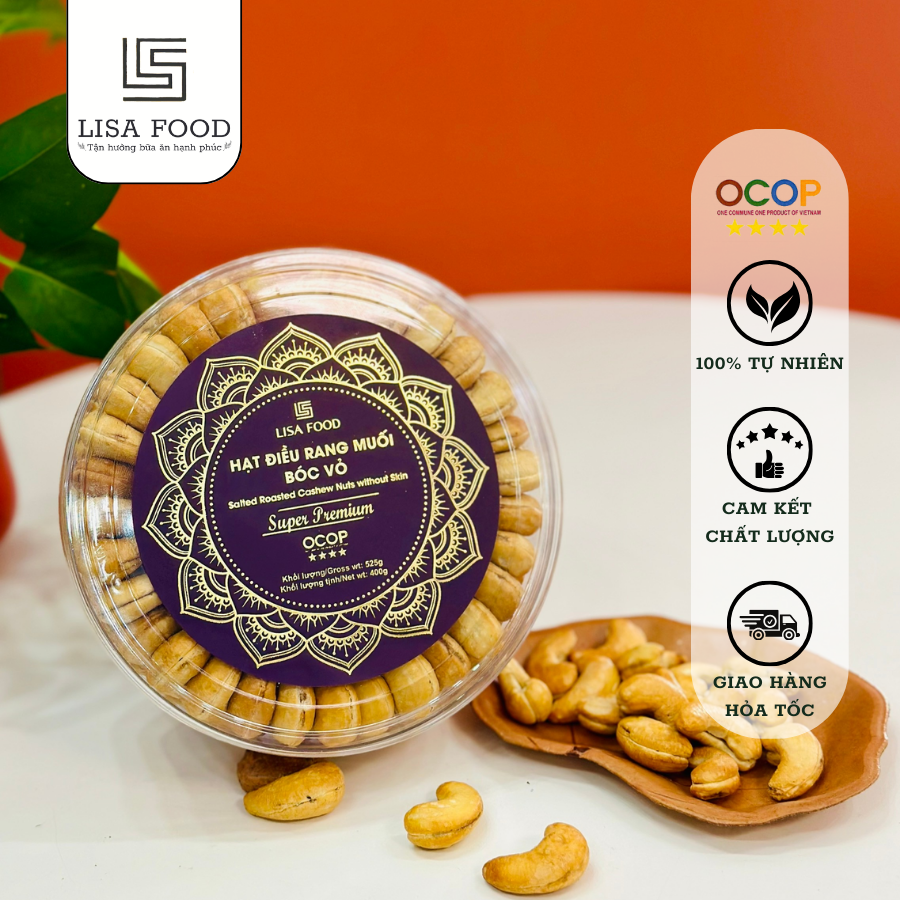 Hạt điều rang muối bóc vỏ hộp tròn xếp 525g - super premium - lisa food