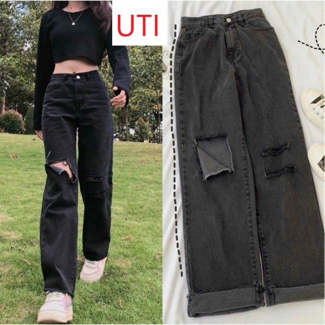 QUẦN JEAN ỐNG RỘNG NỮ LƯNG CAO RÁCH 3 SỌC MÀU XÁM ĐẬM CAO CẤP UTI ĐỦ SIZE S, M, L MÁT MẺ, PHONG CÁCH, THỜI TRANG CỰC CÁ TÍNH