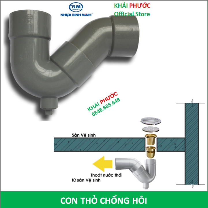 Bộ con thỏ chống hôi s-bend upvc pvc phi 60 90 có bít xả ren bình minh chính hãng giá rẻ - khải phước electric