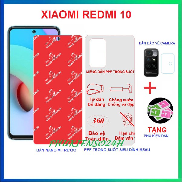 Xiaomi Redmi 10, Dán cường lực dẻo nano mặt trước, Dán PPF mặt sau trong suốt siêu dính - tặng dán bảo vệ camera