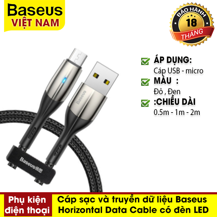 Cáp sạc và truyền dữ liệu Baseus Horizontal Data Cable có đèn LED kết nối Micro sạc nhanh cho Samsung Vivo Oppo