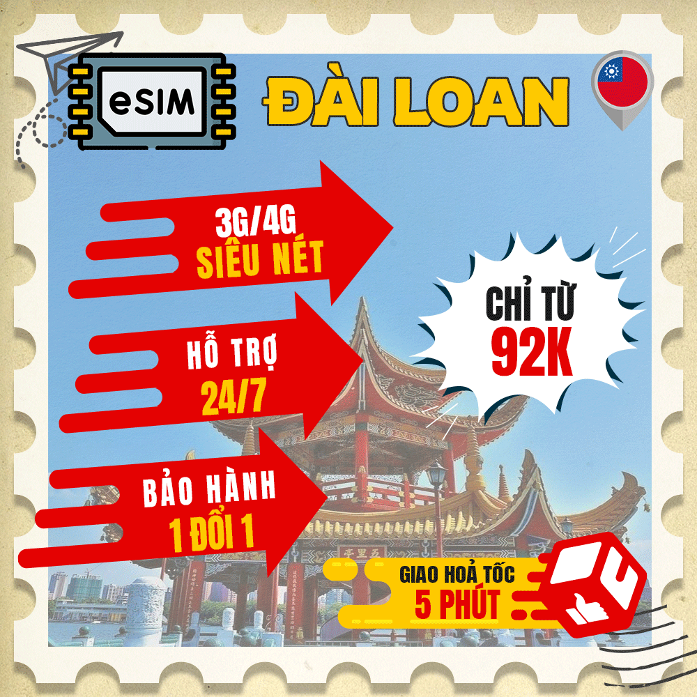 eSIM/Sim du lịch ĐÀI LOAN có bảo hành, mạng siêu nét 4G,3G không giới hạn