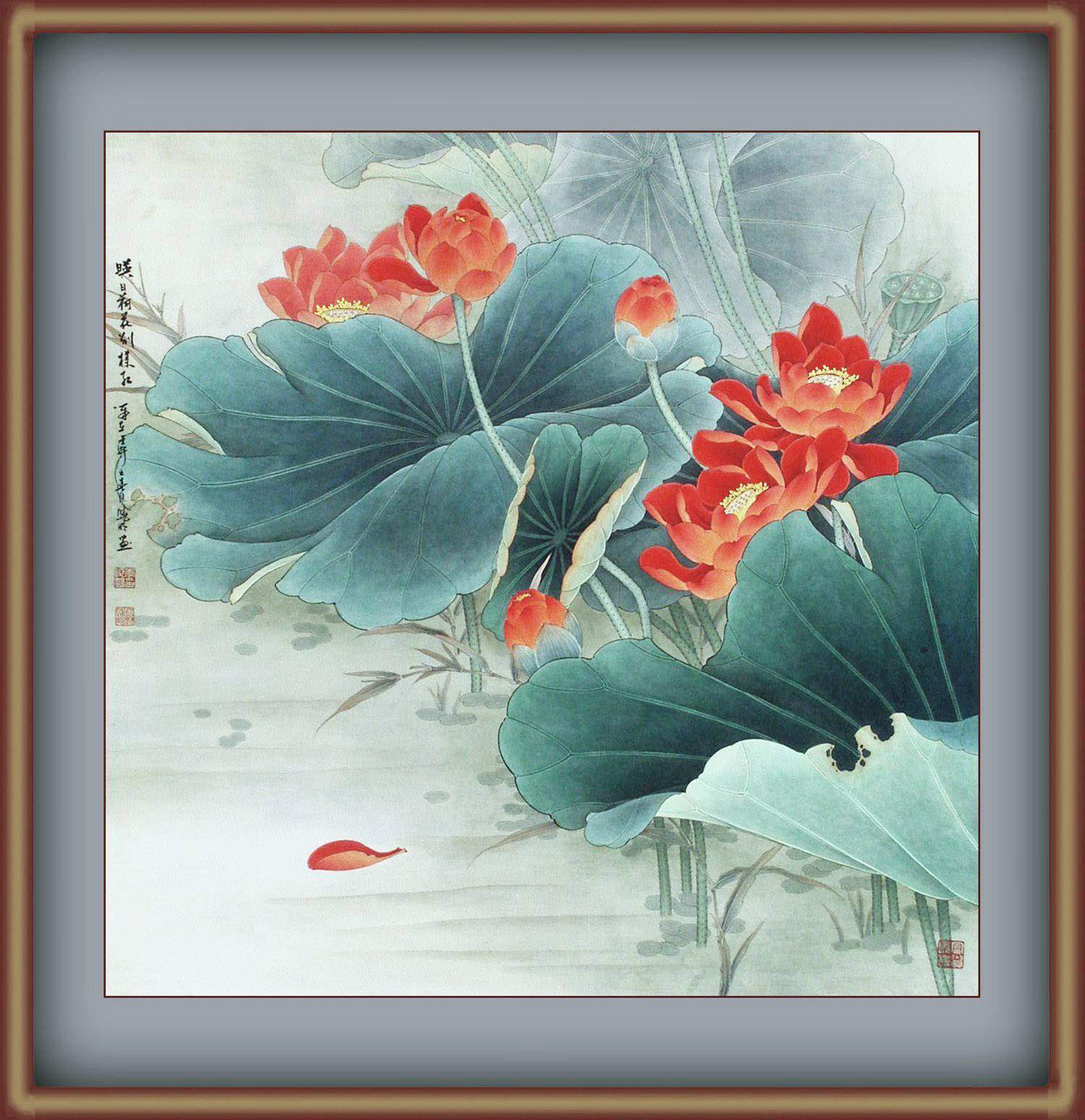 Đèn tranh trang trí phòng thờ ,phòng khách. Đèn tranh vuông in hình hoa sen cổ