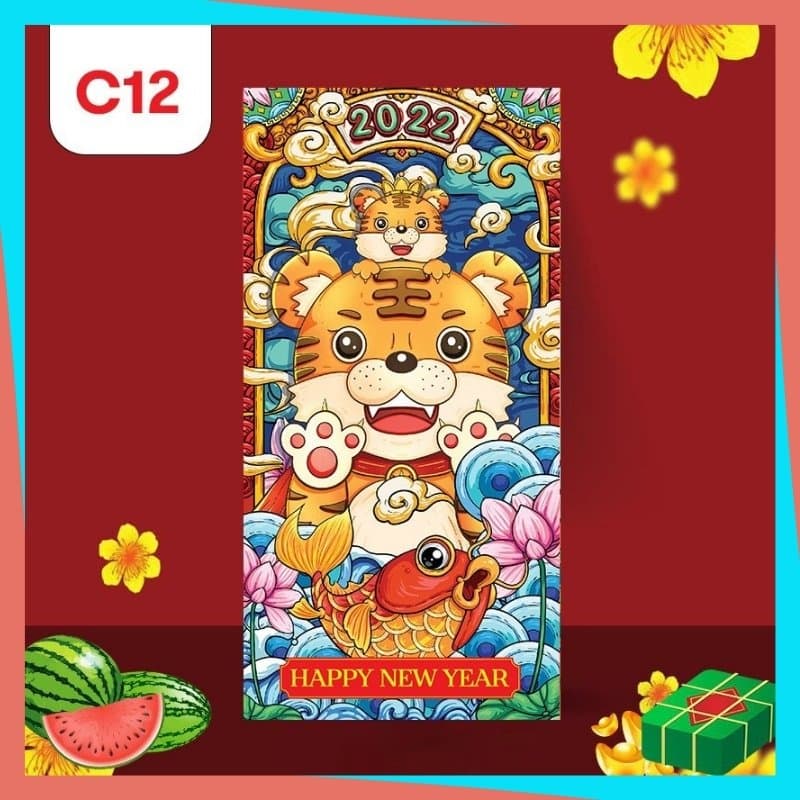 Set 10 Bao lì xì hoạt hình Cọp đẹp, cute màu đỏ may mắn năm Nhâm Dần 2022