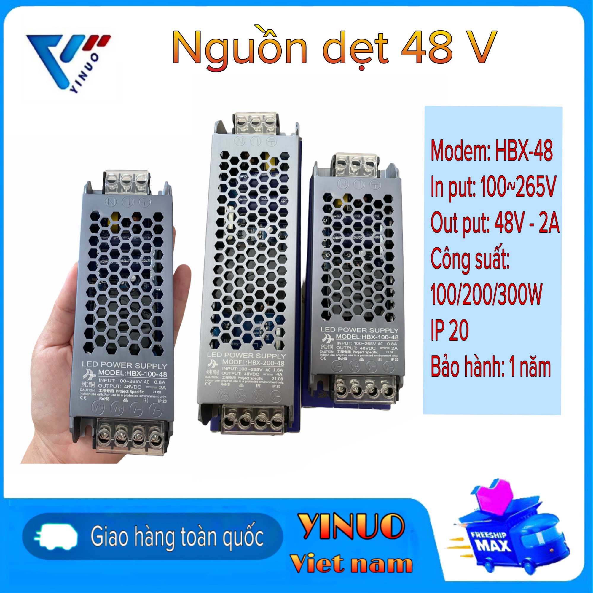 Bộ nguồn chuyển mạch một pha DC 48V 2A 4A 6A nguồn dẹt công suất 100w 200w 300w nguồn tổ ong vỏ nhôm loại tốt giá rẻ bảo hành 12 tháng