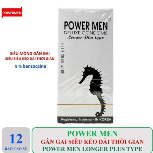 Bao cao su Powermen Longer Plus Hộp 12 chiếc gân gai Tăng khoái cảm Kéo dài thời gian quan hệ