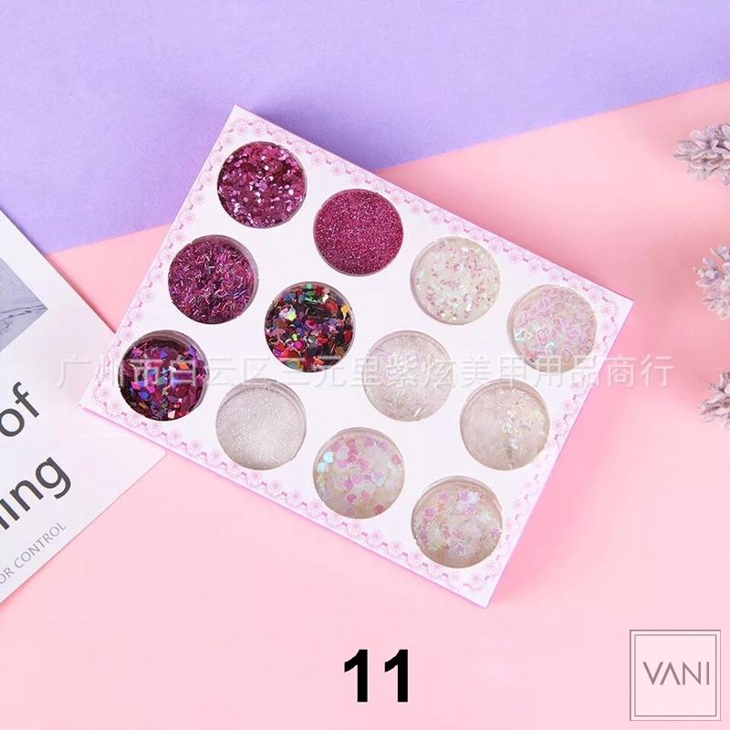 [HCM]TẶNG KÈM KEO - Set 12 Hũ Glitter Nhũ Kim Tuyến Kira Kira Makeup Lấp Lánh Phong Cách Hàn Quốc - Vani Store