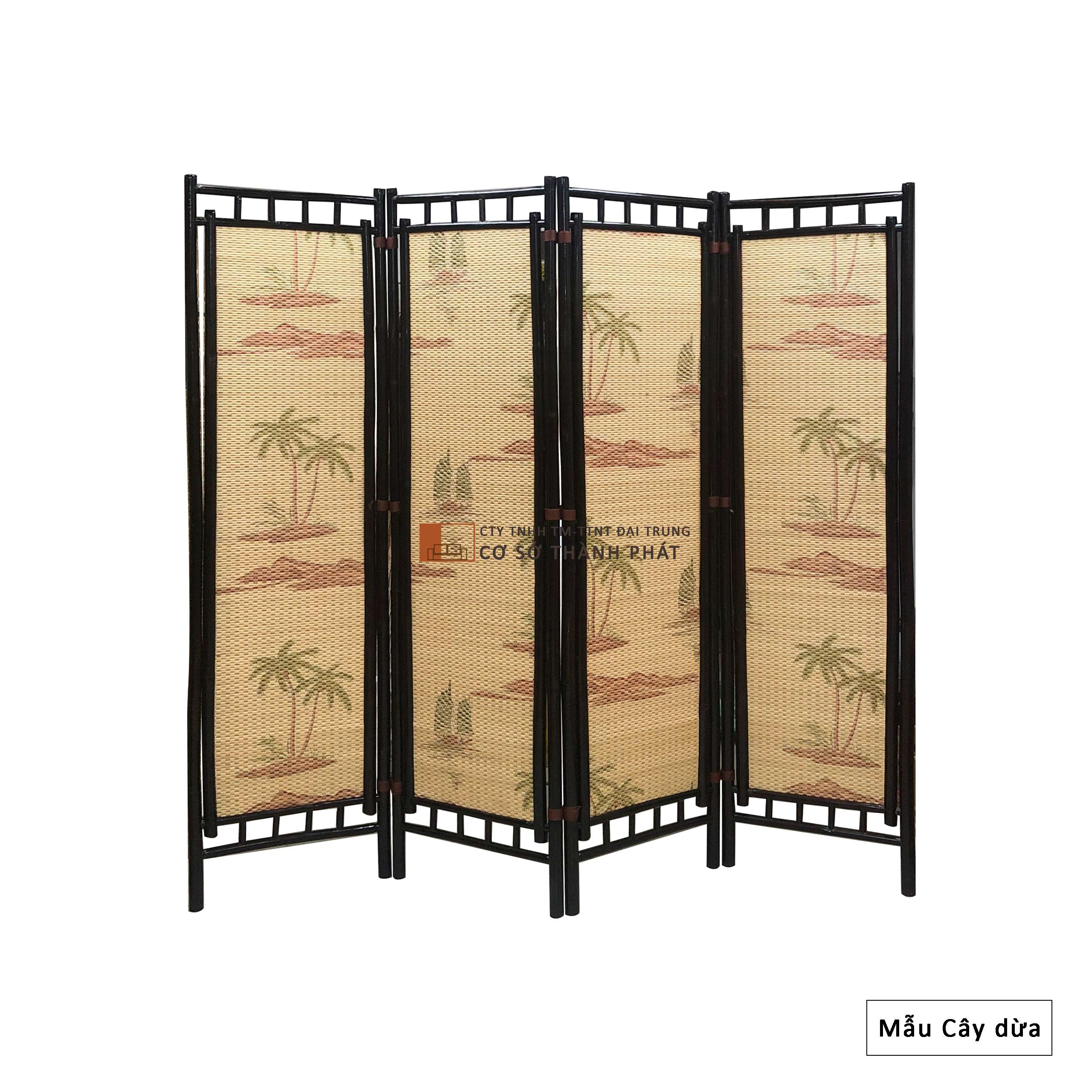 [HCM]Bình phong tre mẫu cây dừa khung nâu sơn PU sơn bóng 4 cánh 1m75 x 0.5m Đại Trung