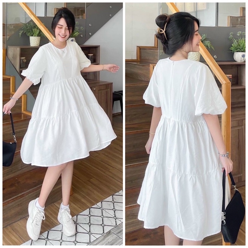 Váy babydoll ngắn tay ren phối viền chỉ buộc nơ 2 tầng xoè. Đầm babydoll ren hoa thừng tiểu thư tay phồng form rộng cute