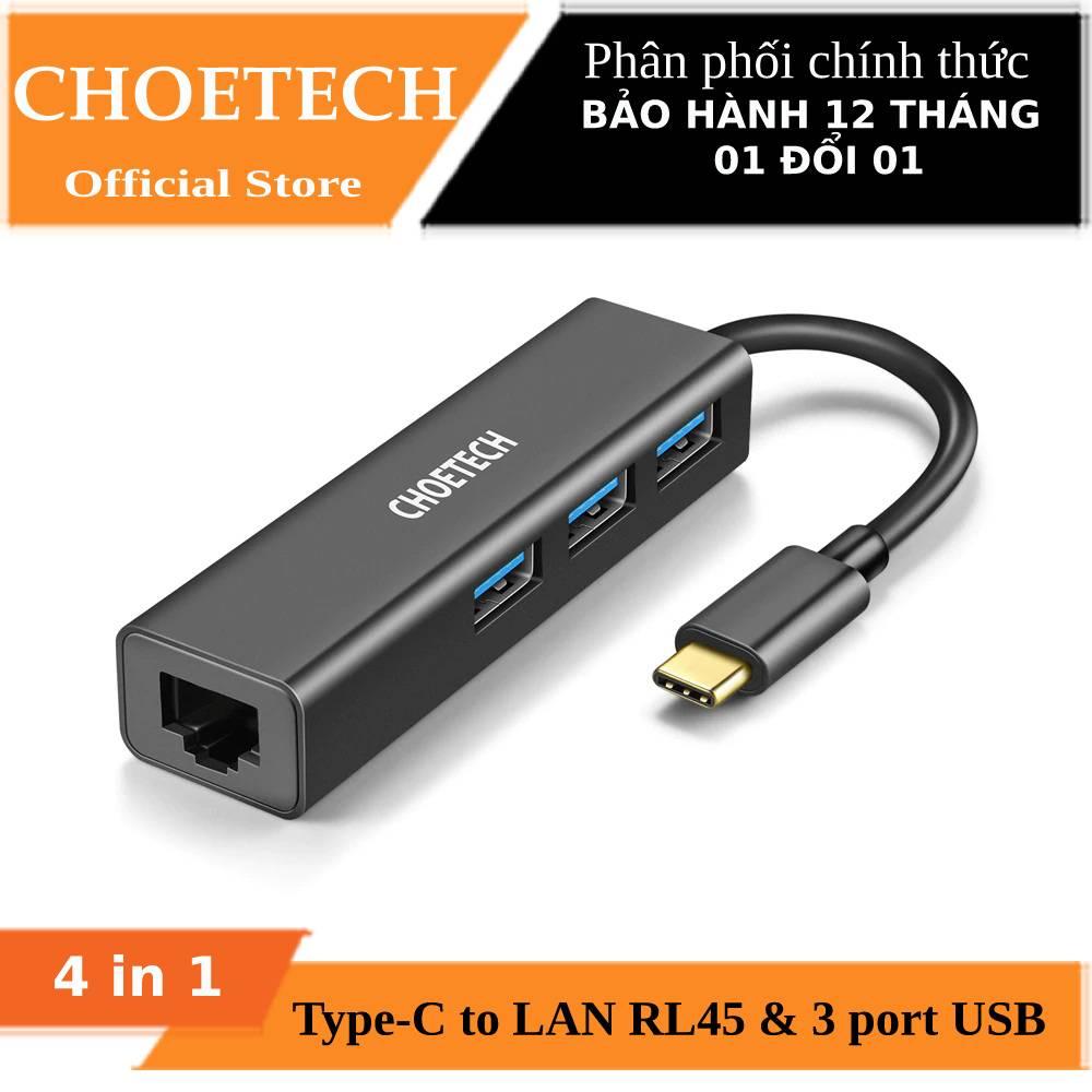 [HCM]Hub Adapter chuyển đổi 4 in 1 Type-C ra 3 cổng USB 3.0 & cổng LAN RJ45 hiệu CHOETECH U02BK dùng cho Macbook / Laptop (tốc độ cao kết nối nhiều thiết bị kết nối internet có dây) (Bảo hành 12 tháng 1 đổi 1) - Hàng chính hãng