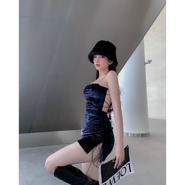 Đầm body đan dây lưng Xẻ tà dây rút hông váy nhung hở lưng D212