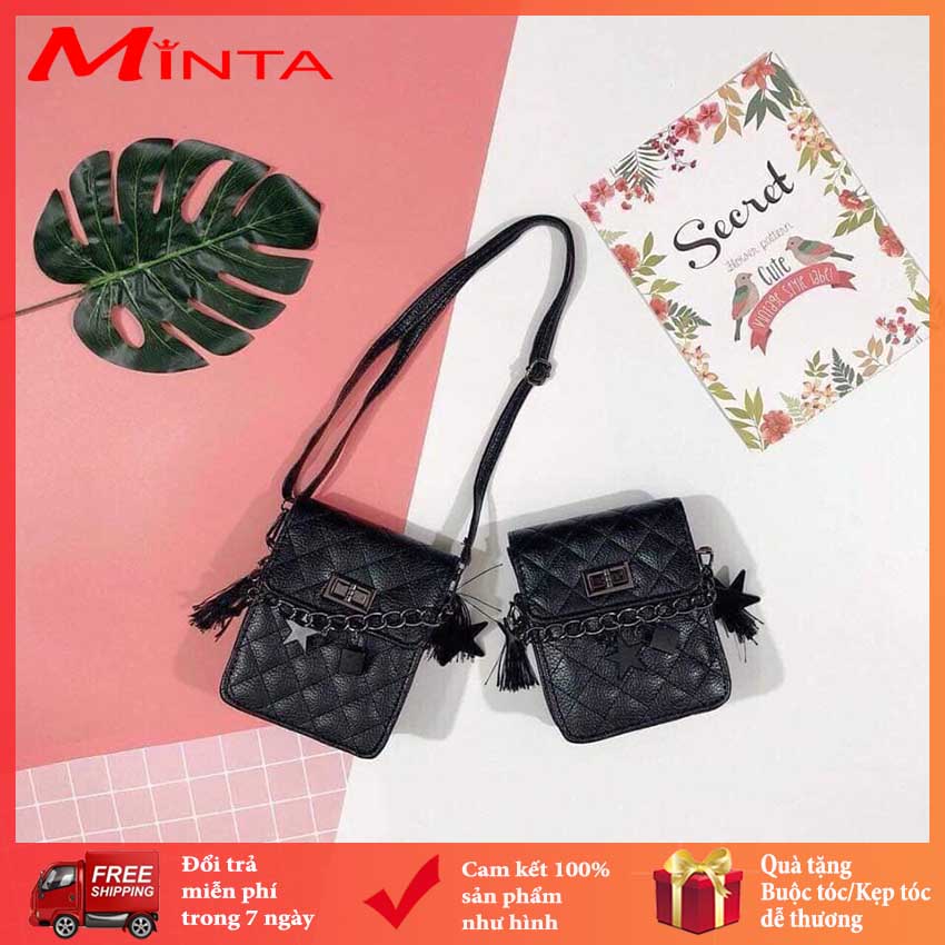 [CÓ VIDEO+ẢNH THẬT] Túi Xách Nữ Mini Đựng Điện Thoại, Túi Đeo Chéo Màu Đen Thời Trang Kèm Phụ Kiện Sao Dễ Thương - Minta