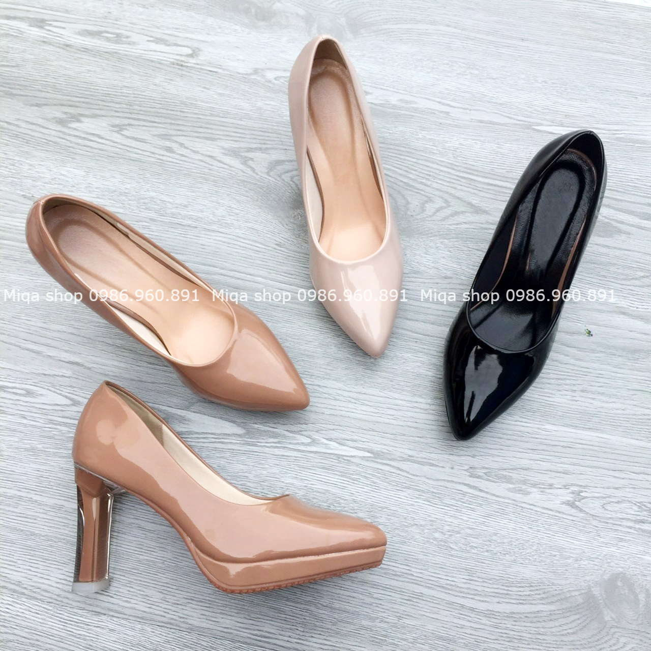 Ảnh thật - Giày cao gót đế đúp da mềm trơn đế trong 9cm - Giày công sở da bóng 9cm