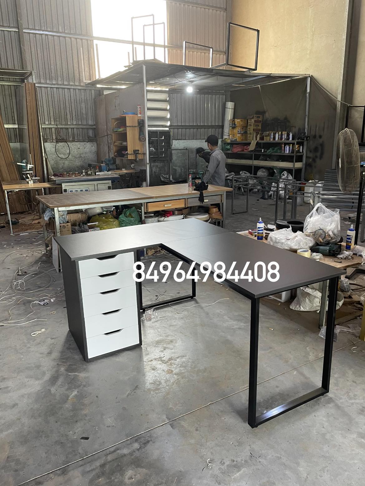 bàn làm việc L kèm tủ ikea trắng đen