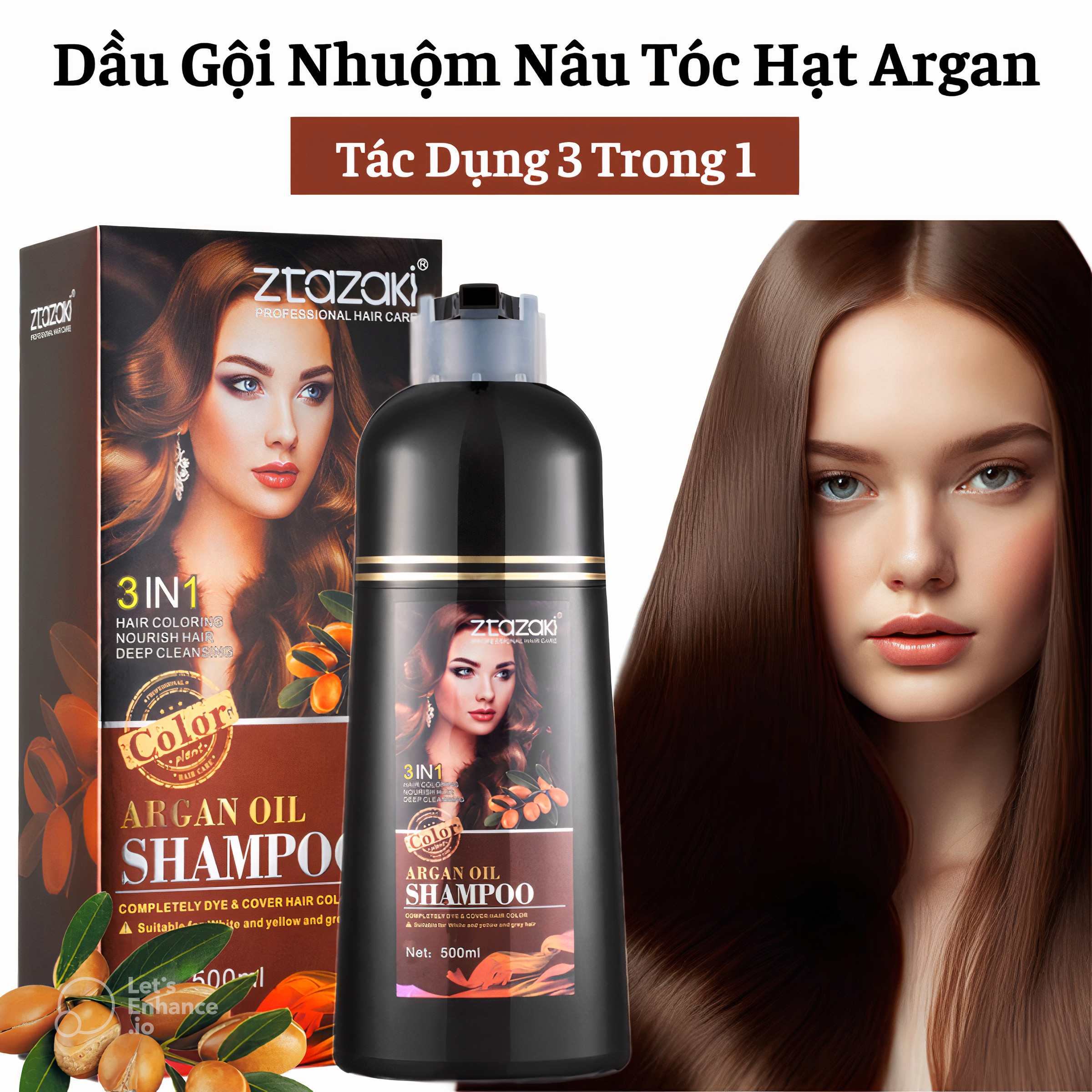 Dầu Gội Nhuộm Hết Tóc Bạc Lên Màu Nâu Hạt Dẻ Chiết Xuất Hạt Argan Bền Màu Nuôi Dưỡng Tóc Suôn Mượt CHắc Khỏe
