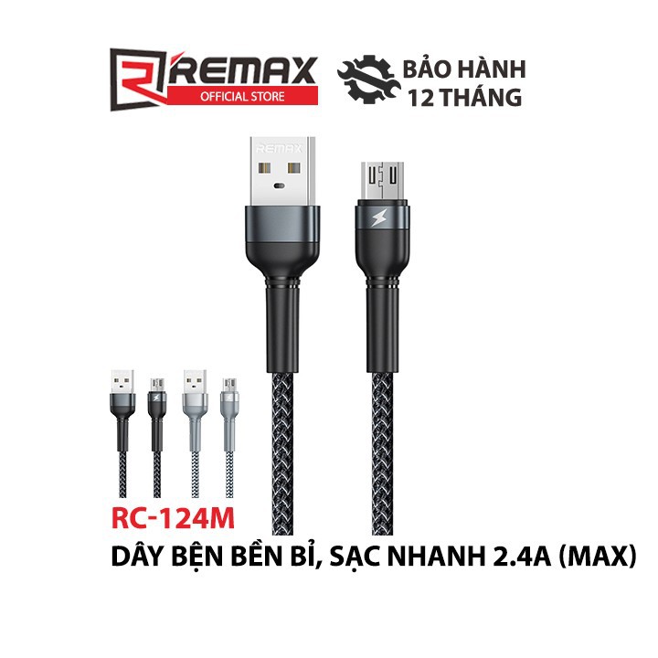 Cáp sạc nhanh cổng microusb remax rc-124m data jany series thân bọc kim loại dài 1 mét max 2.4a - rc-124m