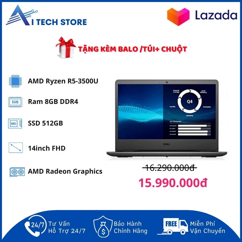 [Freeship] Laptop Dell Vostro 3405 (V4R53500U003W)/ Black/ AMD Ryzen R5-3500U (2.10GHz, 4MB)/ Ram 8GB DDR4/ SSD 512GB/ AMD Radeon Graphics/ 14.0 inch FHD/ No FP/ 3Cell/ Win10SL/ 1Yr -AI Tech Store- AI137 Hàng Chính Hãng