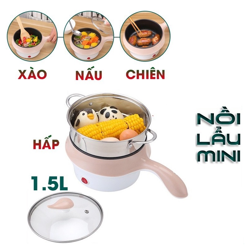 Nồi điện nấu lẩu hấp chiên kèm xửng 2 tầng có tay cầm CÁN DÀI 18cm