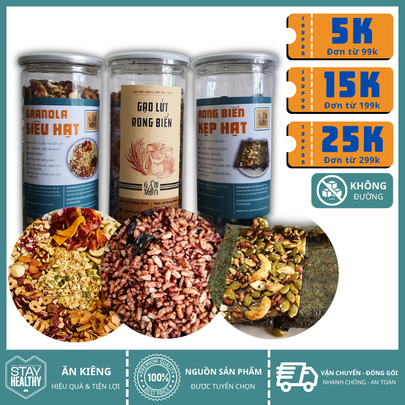 Combo Rong biển kẹp hạt 250gr + Granola siêu hạt 500gr + Gạo lứt sấy rong biển 320g Gánh Xưa, giảm 5%, ăn vặt văn phòng, hỗ trợ giảm cân, ăn vặt lành mạnh, healthy, eatclean, ăn thô, giao hành nhanh