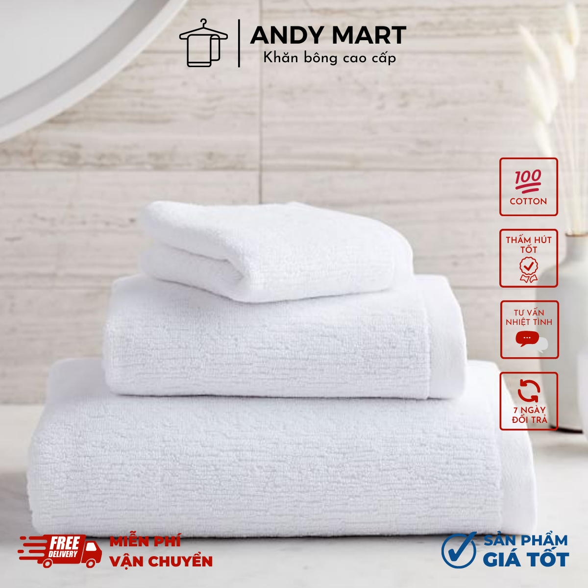 Khăn tắm trắng khách sạn, nhà nghỉ, homestay 65x130cm sợi cotton 100% mềm mại, dày dặn, thấm hút tốt, 320gr