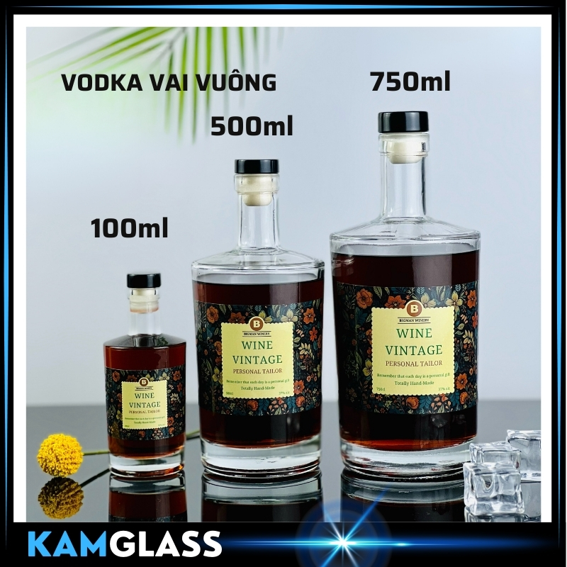 Chai thủy tinh vodka vai vuông dung tích 750ml 500ml 100ml nắp cao su bọc nhôm đen chai trơn không có tem - Kamglass