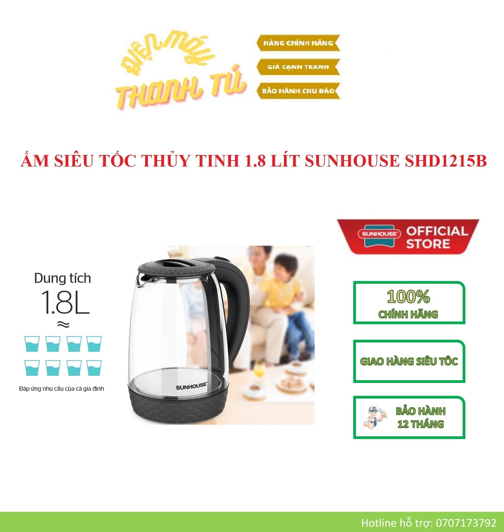 SHD1215 - ẤM SIÊU TỐC THỦY TINH SUNHOUSE 1.8 L - BẢO HÀNH CHÍNH HÃNG 12 THÁNG