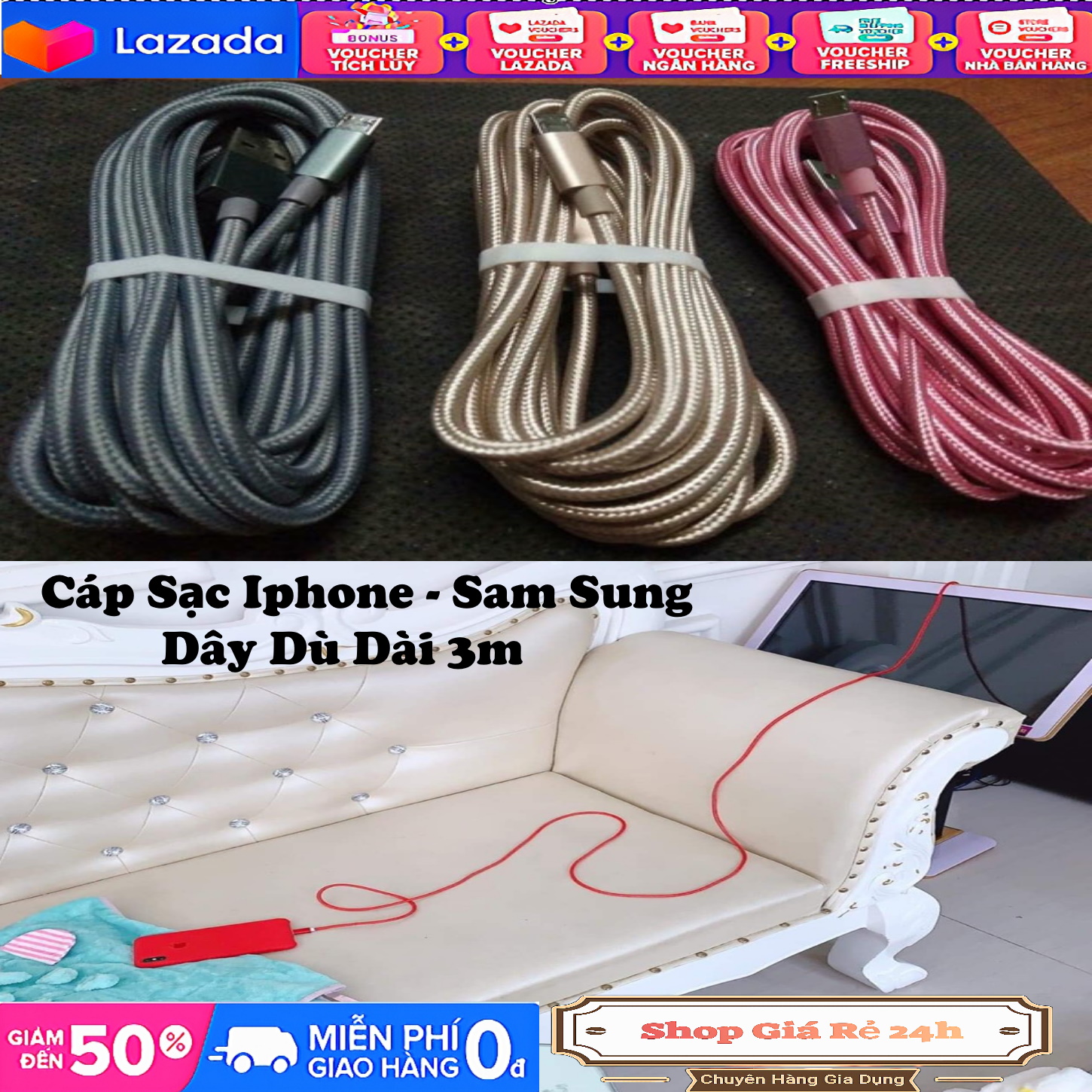 Dây cáp sạc nhanh samsung & iphone 4 - 5 dây dù 3m