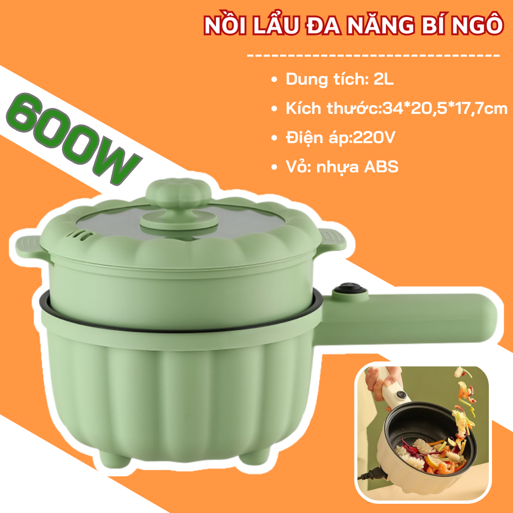 Nồi lẩu điện mini đa năng 2 tầng, ca nấu mì bí ngô 2 nấc nhiệt dung tích 2l tặng kèm vỉ hấp có tay cầm - nồi điện đa năng nấu lẩu, hấp, chiên, xào