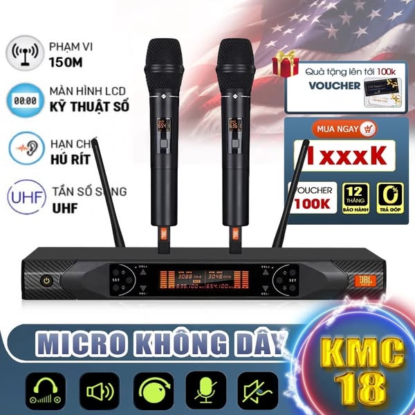 Micro Không Dây JBL KMC18, Tần Sóng UHF - Đầu Micro Lọc Tiếng Chuẩn, Chất Âm Chân Thực -Sóng Xa ,Thiết Kế Sang Trọng.