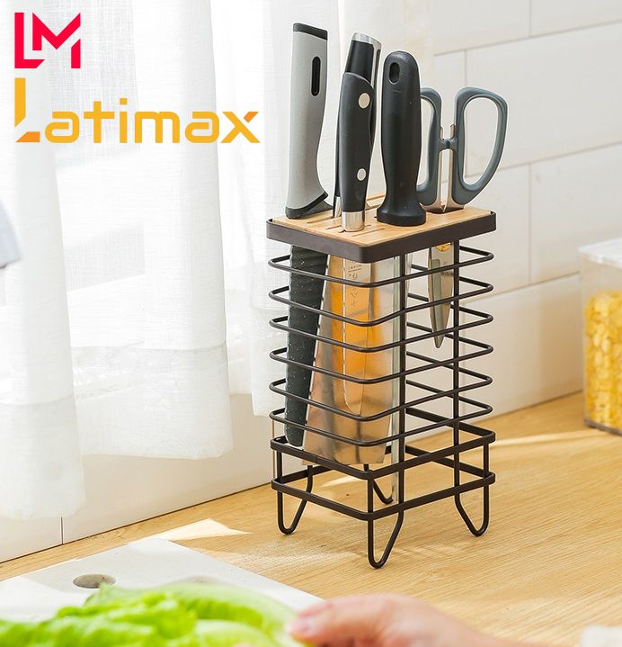 Kệ để dao kéo nhà bếp thép carbon sơn đen tĩnh điện Latimax, mặt cắm dao bằng gỗ thẩm mỹ bền đẹp