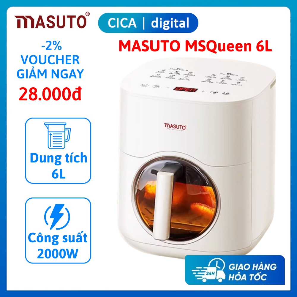 Nồi chiên không dầu Masuto MSQueen 6L, Công suất 2000W, Dung tích 6L, Màn hình cảm ứng đốt 2 tầng đối lưu, Bảo hành 24 tháng