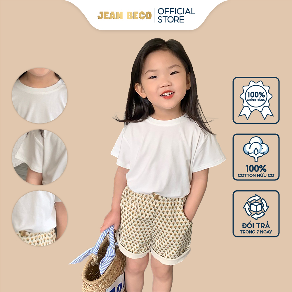 Áo thun cotton tay ngắn cổ tròn JEANBECO, Áo phông trơn basic cho bé gái và bé trai từ 8kg-30kg